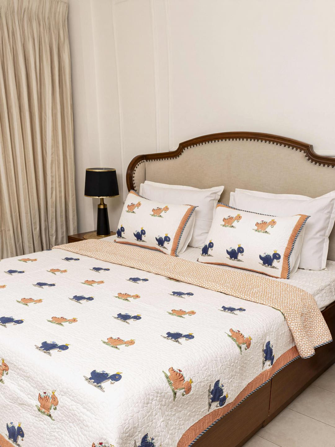 Dino world White Printed Reversible Quilted Bedcover with Pillow Cases & Duvet Cover Set