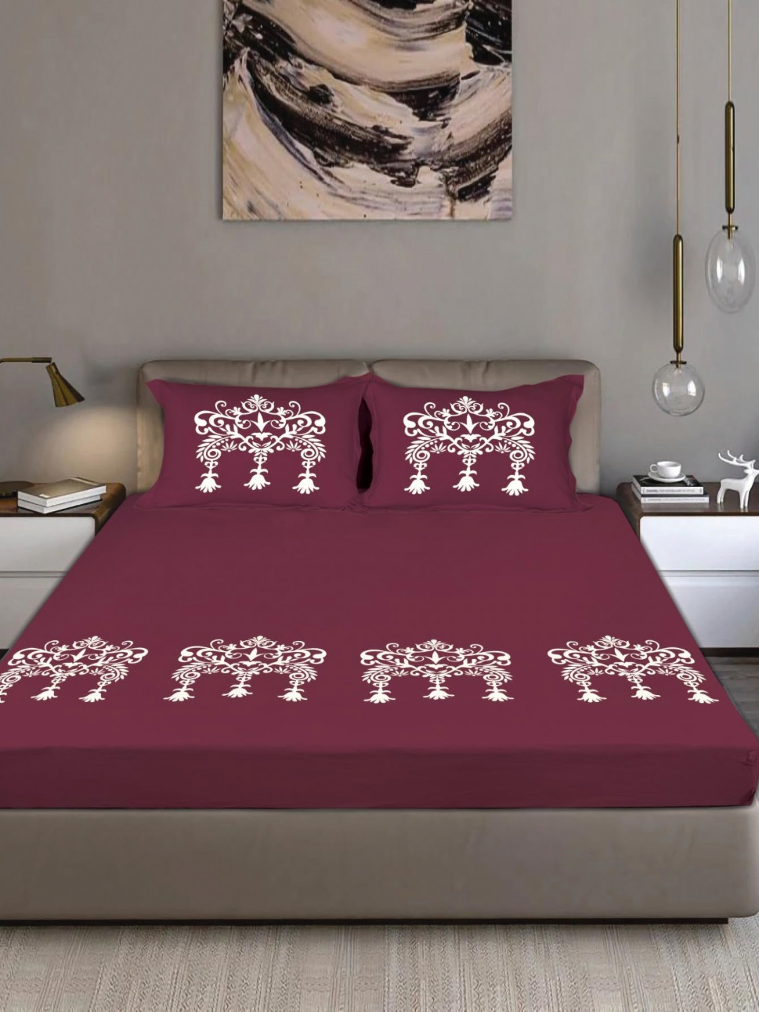 Bodycomfy Maroon Printed Pure Cotton Jersey Fitted 400 TC King Bedsheet Set 1.9m x 1.8m