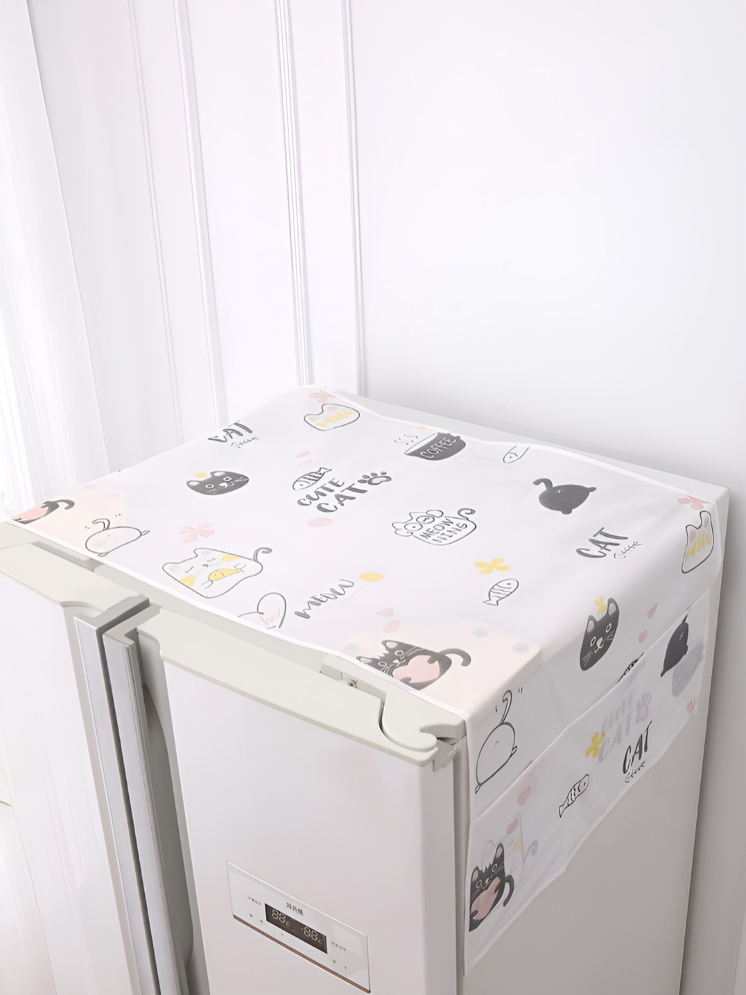 HOKIPO White & Black Playful Cats Waterproof Small Fridge Cover With 6 Side Pockets