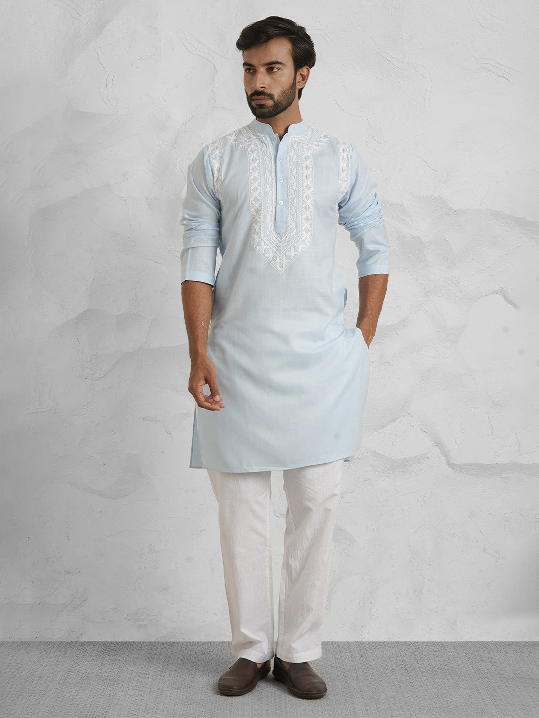 HOUSE OF KARI Floral Yoke Design Mandarin Collar Aari Work Cotton Kurta
