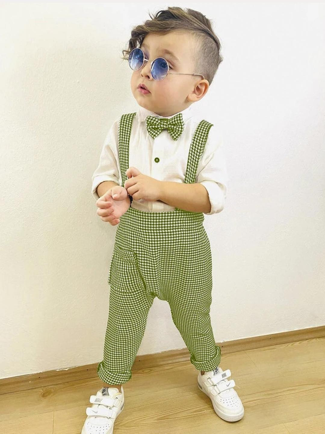 Belliza Kids Unisex Green Checked Shirt Dungaree