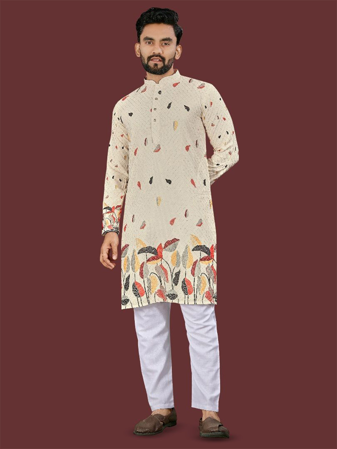 WELL TEX Men Floral Printed Mandarin Collar Long Sleeves Kurta