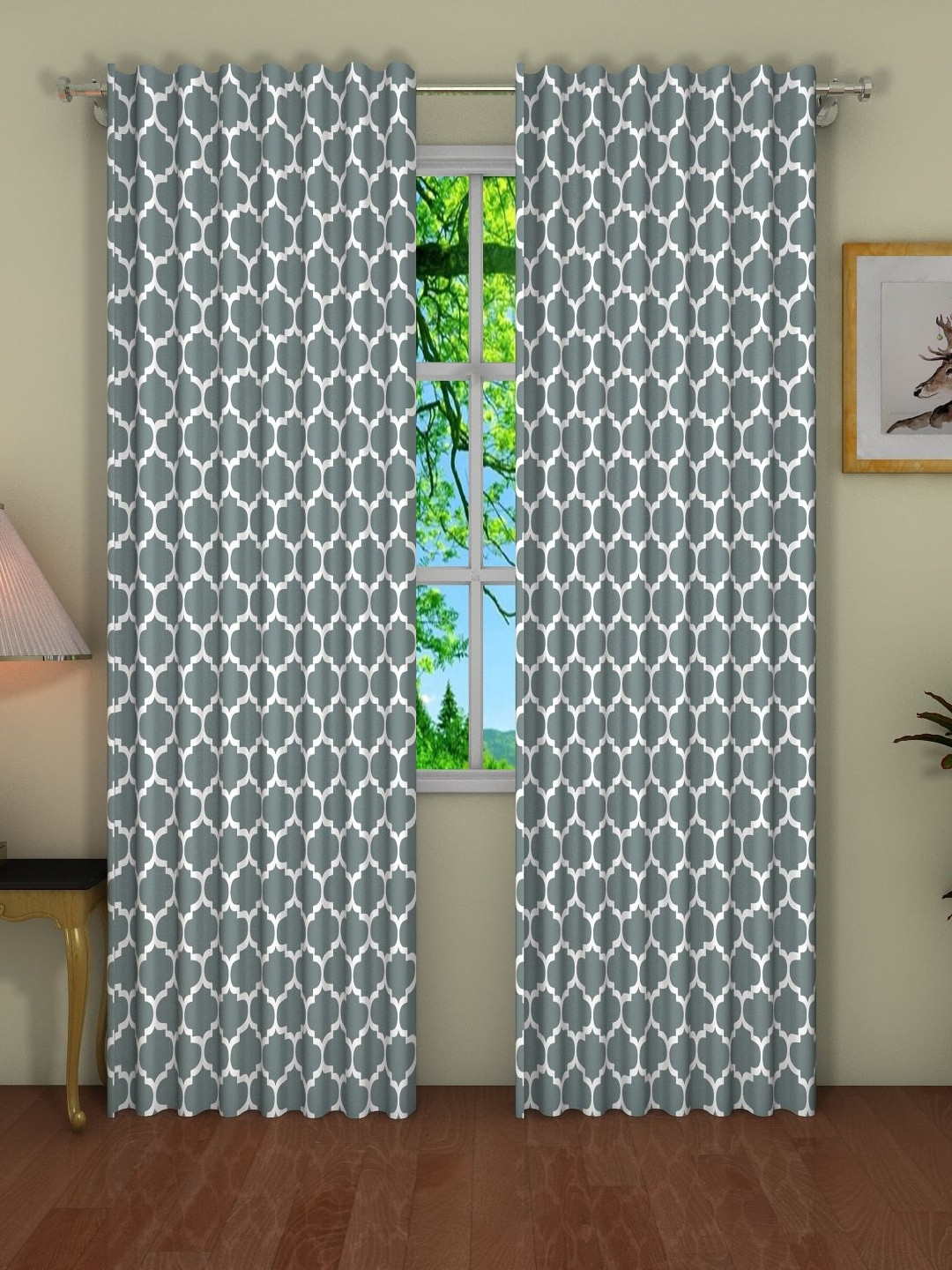 Pink Parrot White & Grey 2 Pieces Geomteric Printed Door Curtains