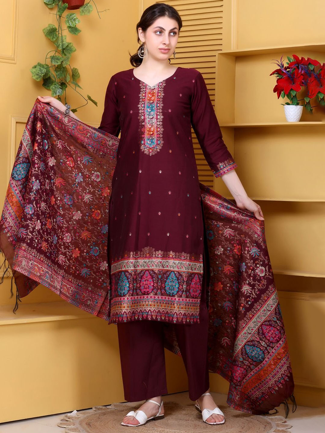 KIDAR Women Ethnic Motifs Embroidered Regular Thread Work Kurta With Trousers & Dupatta