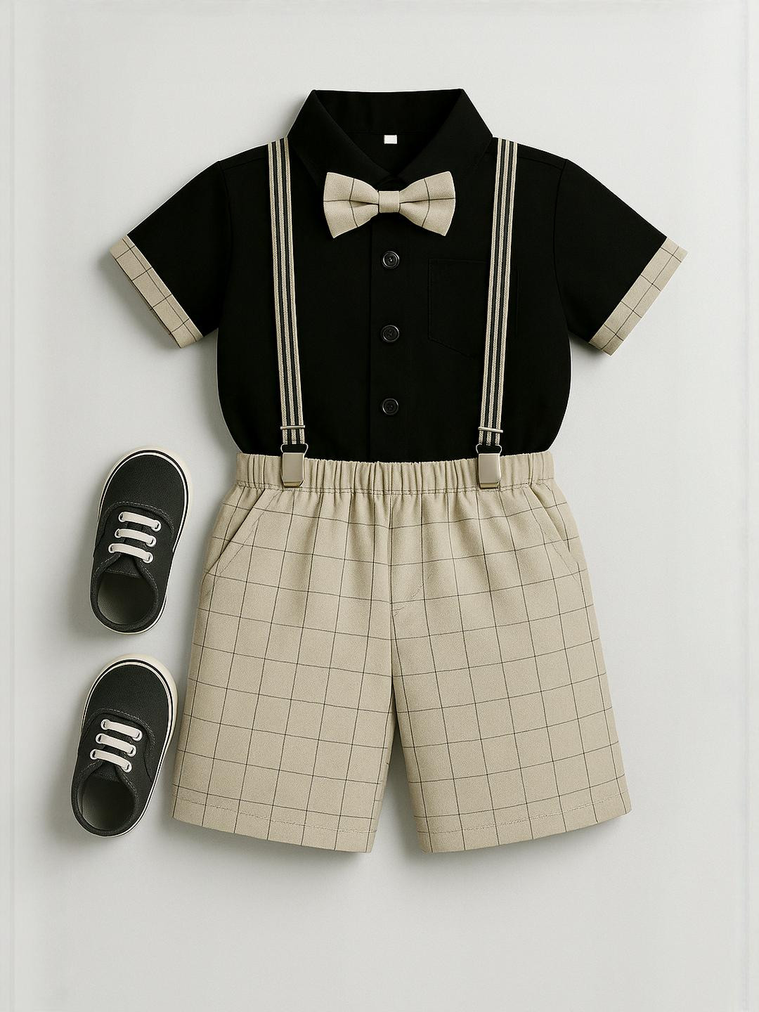 STINITY Boys Shirt with Shorts With Bow Tie & Suspender Clothing Set