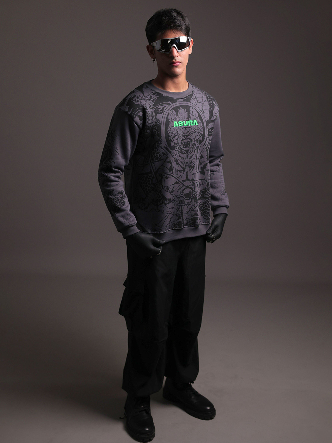 WHITE HUSK Men Asura Anime Printed Cotton Oversized Pullover Sweatshirt