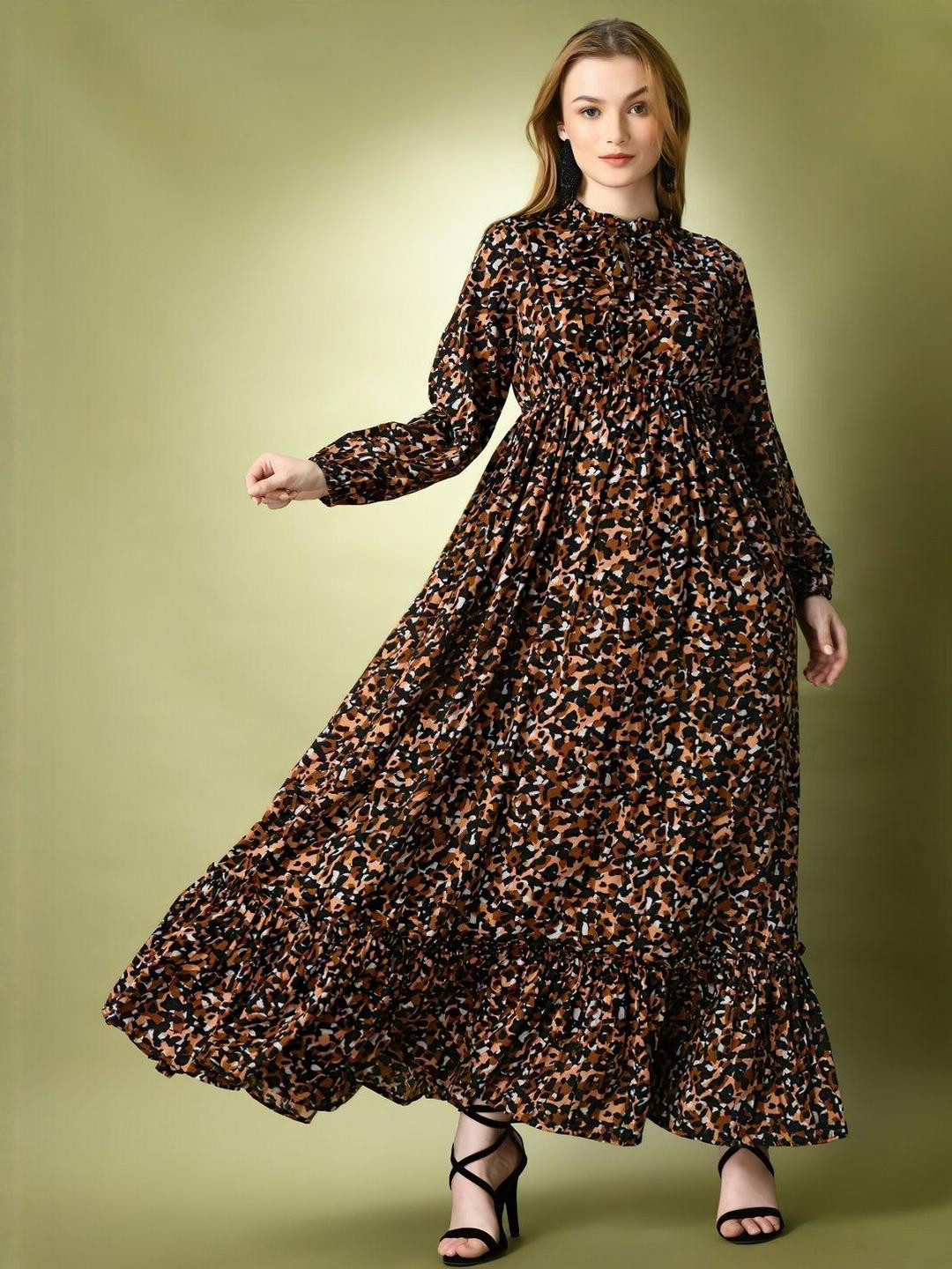 KZULLY STYLE Abstract Printed Tie-Up Neck Bishop Sleeves Tiered Fit and Flare Maxi Dress