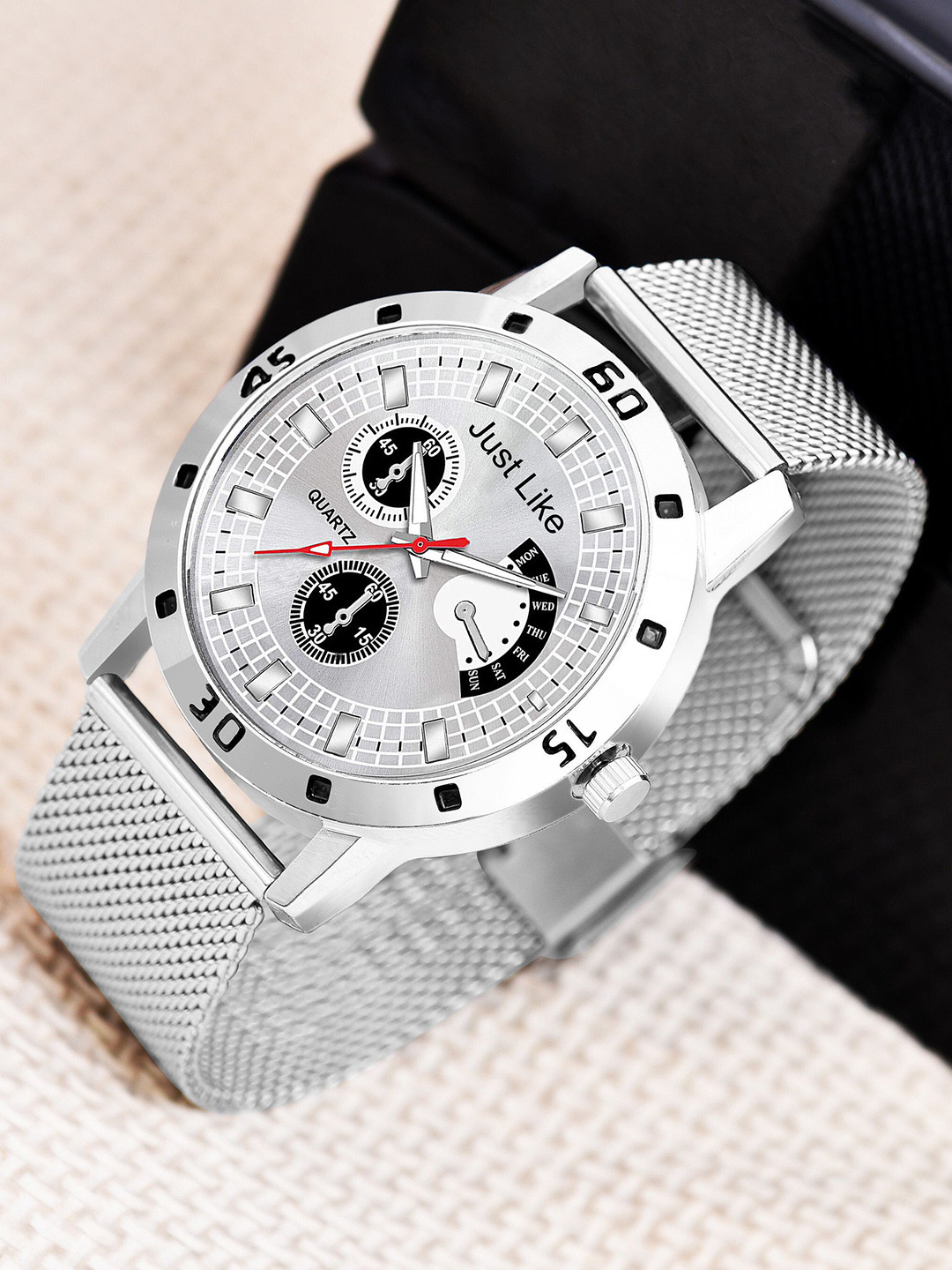 JUST LIKE Set Of 2 Unisex Analogue Watch Slim Sefar 1003 Black & Blue Combo2