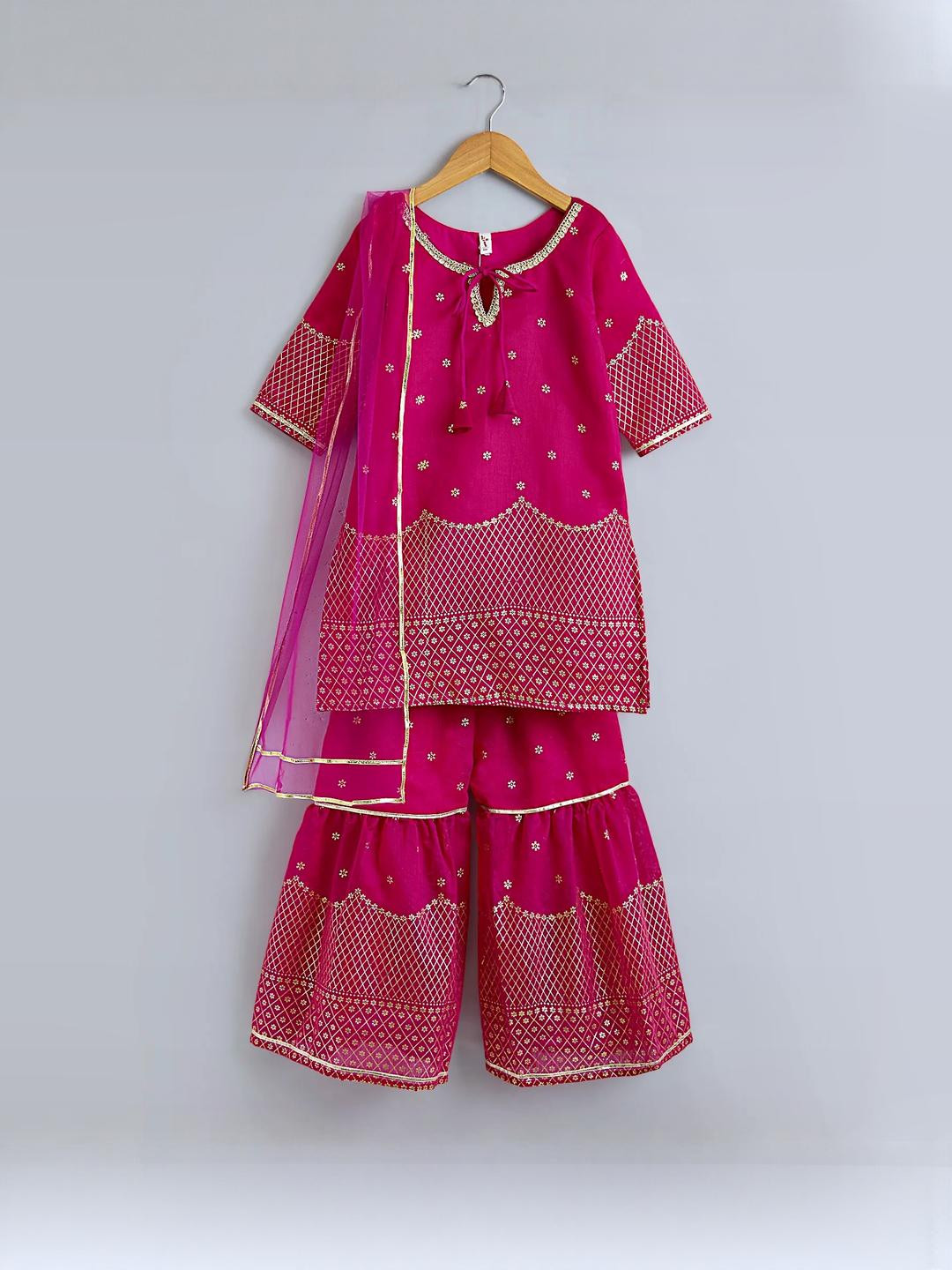 The Magic Wand Girls Ethnic Motifs Embroidered A-Line Kurti with Sharara & Dupatta