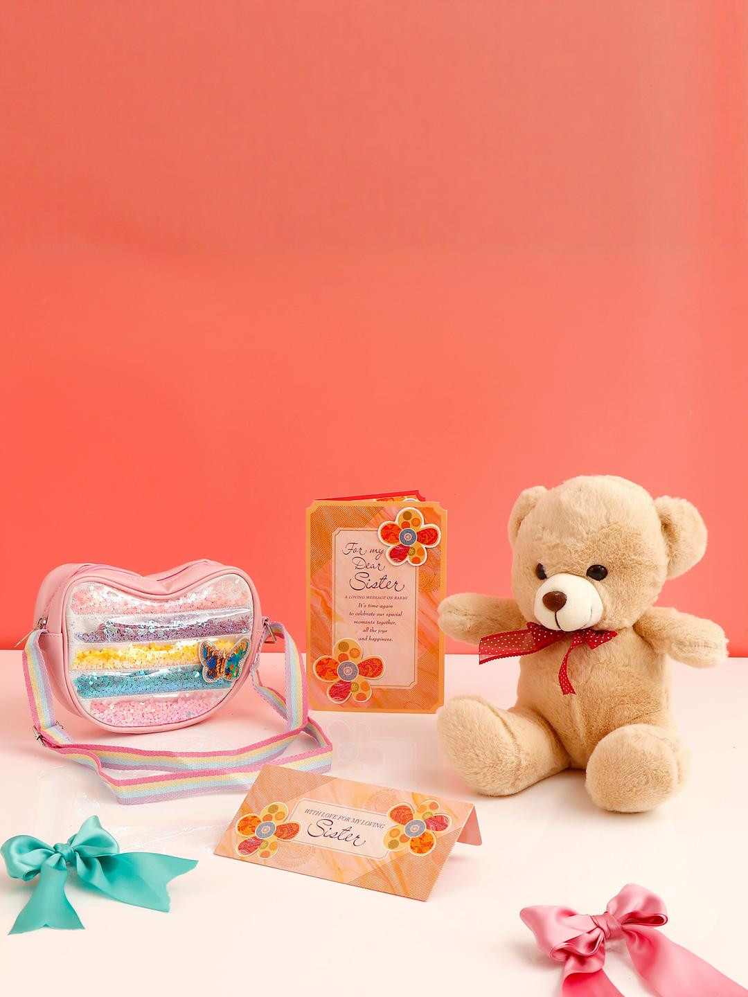 Archies Pink Bow Shimmer Bag with Pink Teddy and Greeting Card Rakhi Gift Set