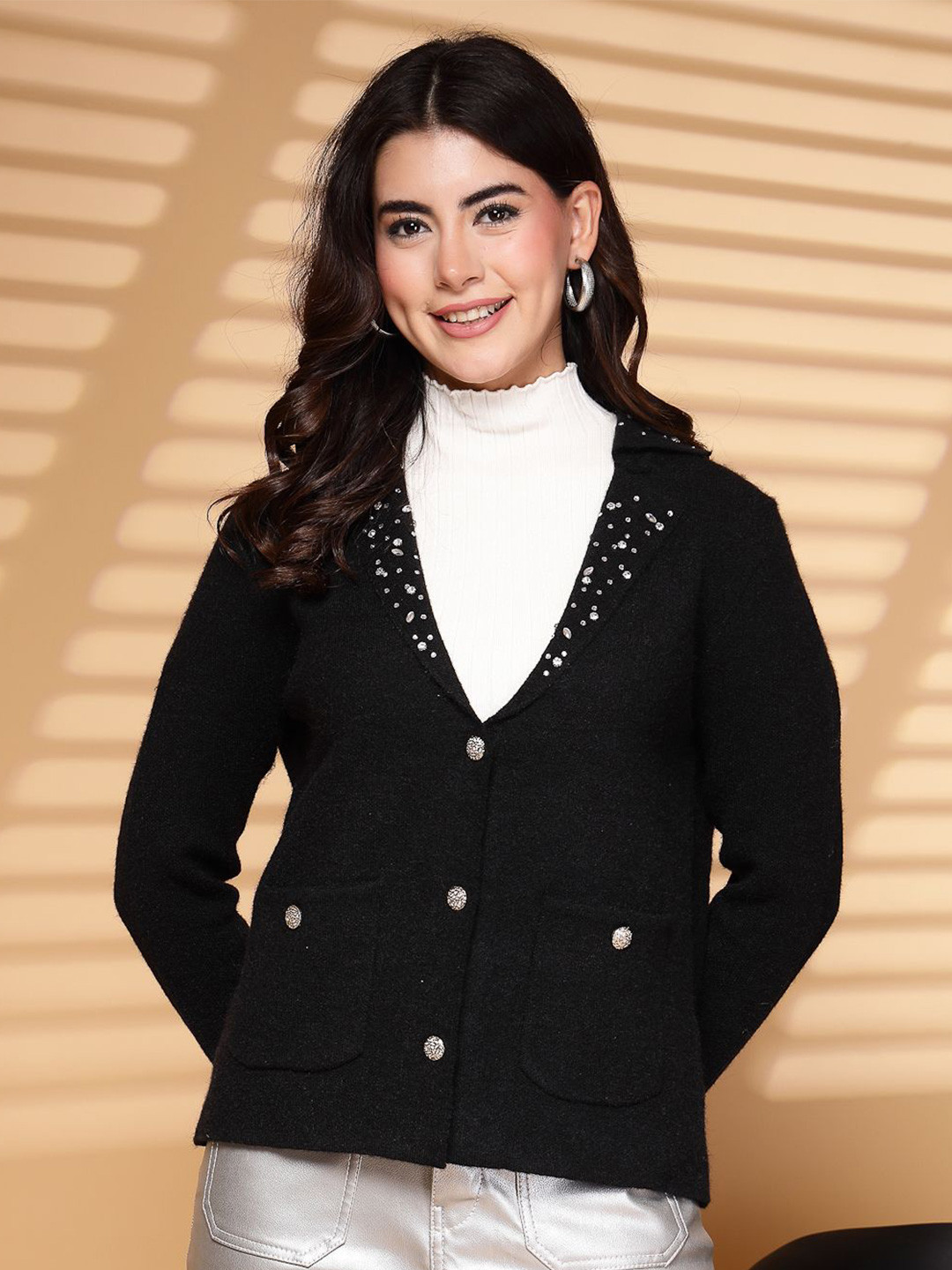 Mafadeny Women's Embellished V-Neck Buttoned Cardigan