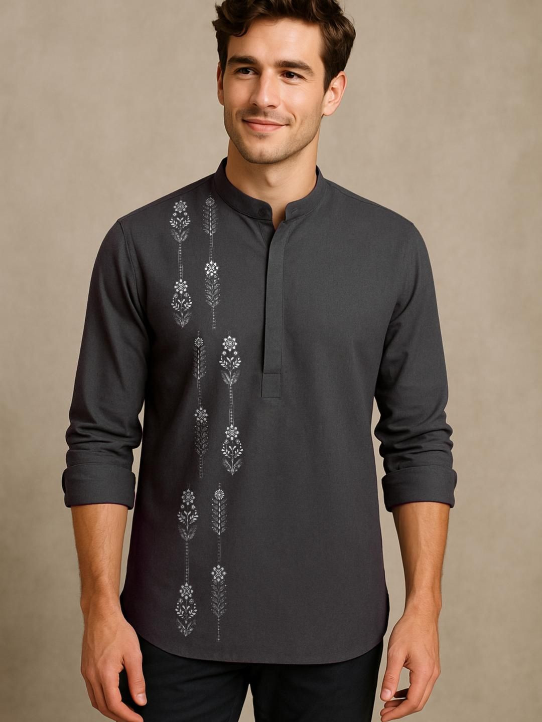 HE SPOKE Men Floral Printed Band Collar Casual Kurta