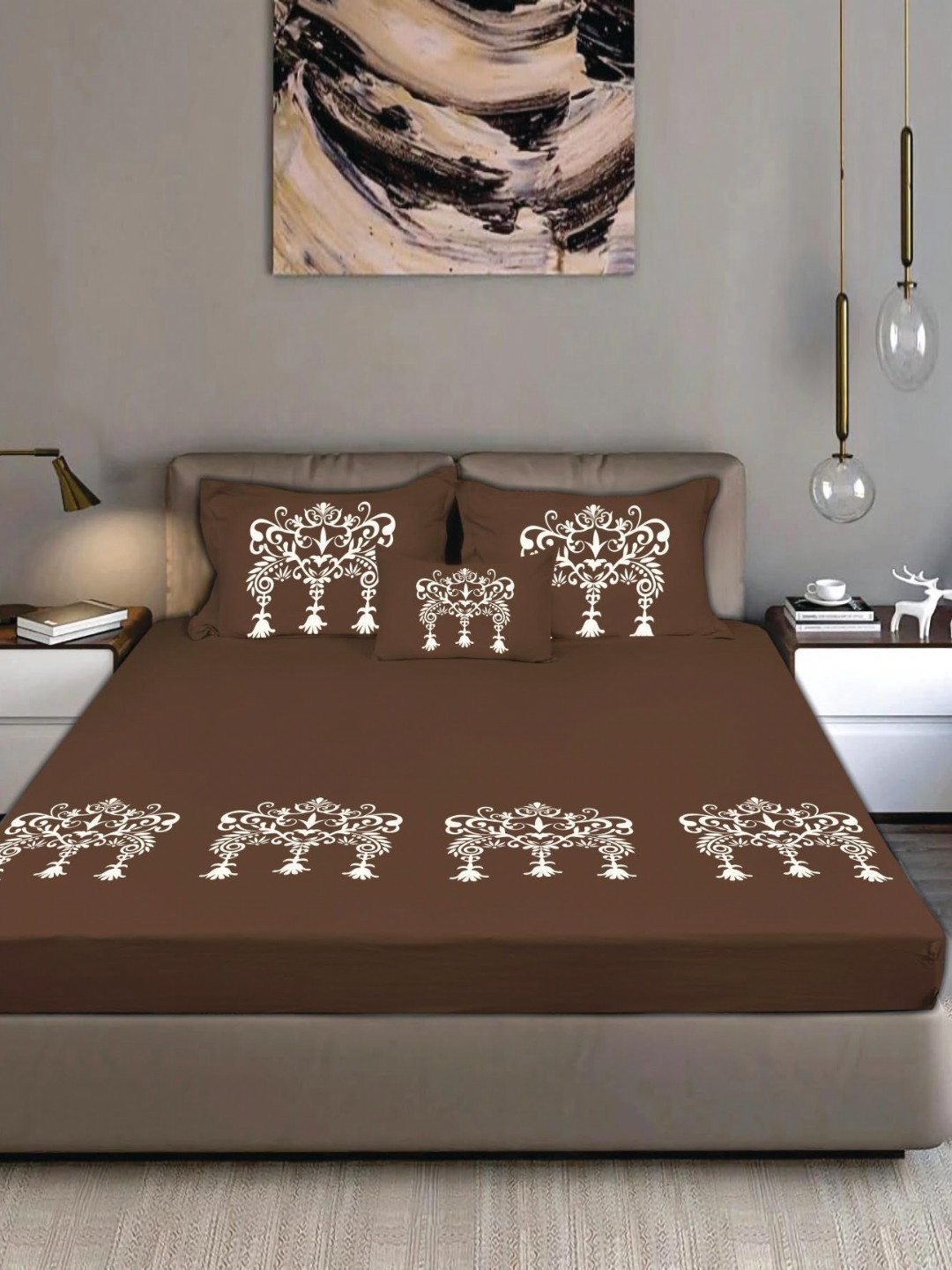 Bodycomfy Brown Printed Pure Cotton Jersey Fitted 400 TC King Bedsheet Set 1.9m x 1.8m