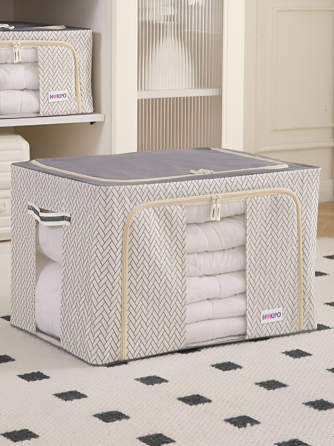 HOKIPO Cream-Coloured Set of 1 Cloth Storage Box Organisers for Wardrobe - 88L