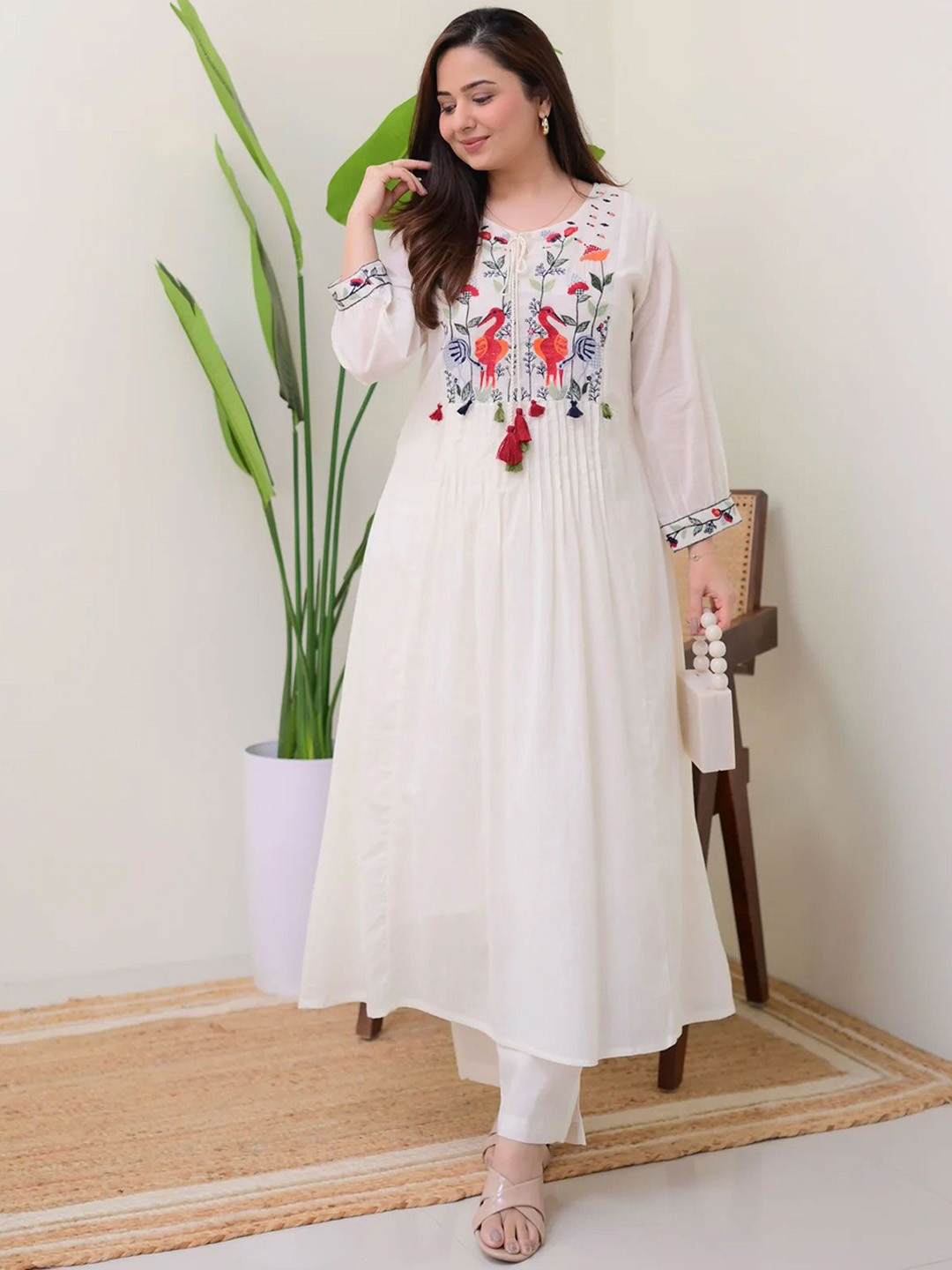 Clotheum Floral Yoke Design Round Neck Thread Work Pure Cotton A-Line Kurta With Trousers