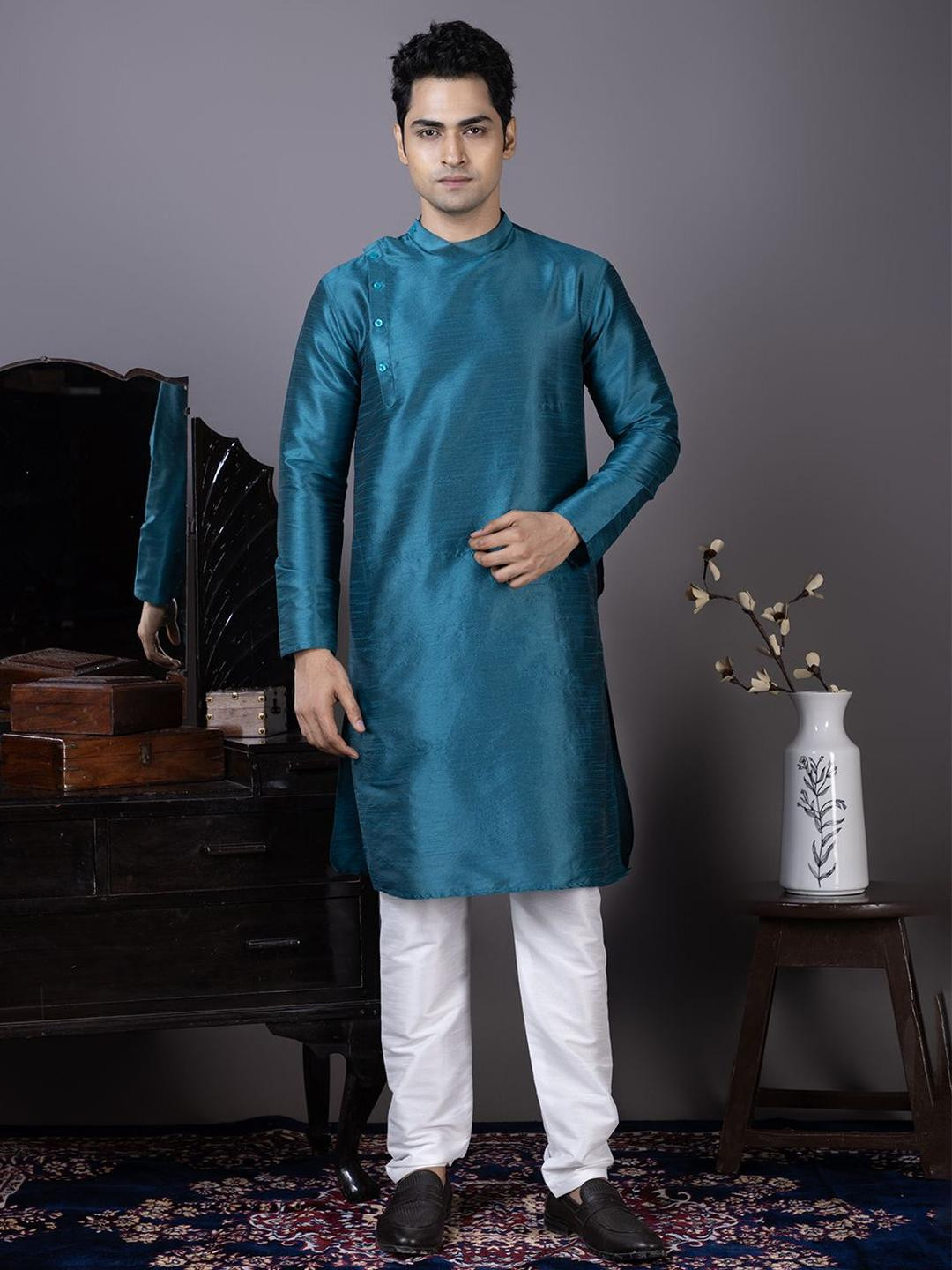 DEVOILER Men Angrakha Dupion Silk Kurta with Pyjamas