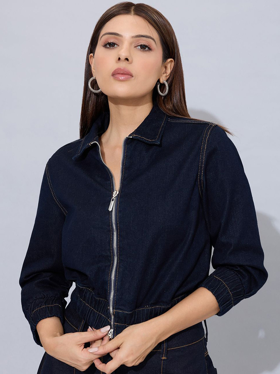 STORMY JEANS Women Spread Collar Solid Lightweight Denim Jacket