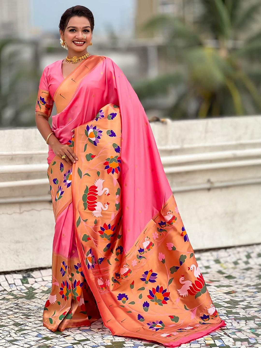 ELITE WEAVES Ethnic Motifs Zari Silk Blend Heavy Work Paithani Saree