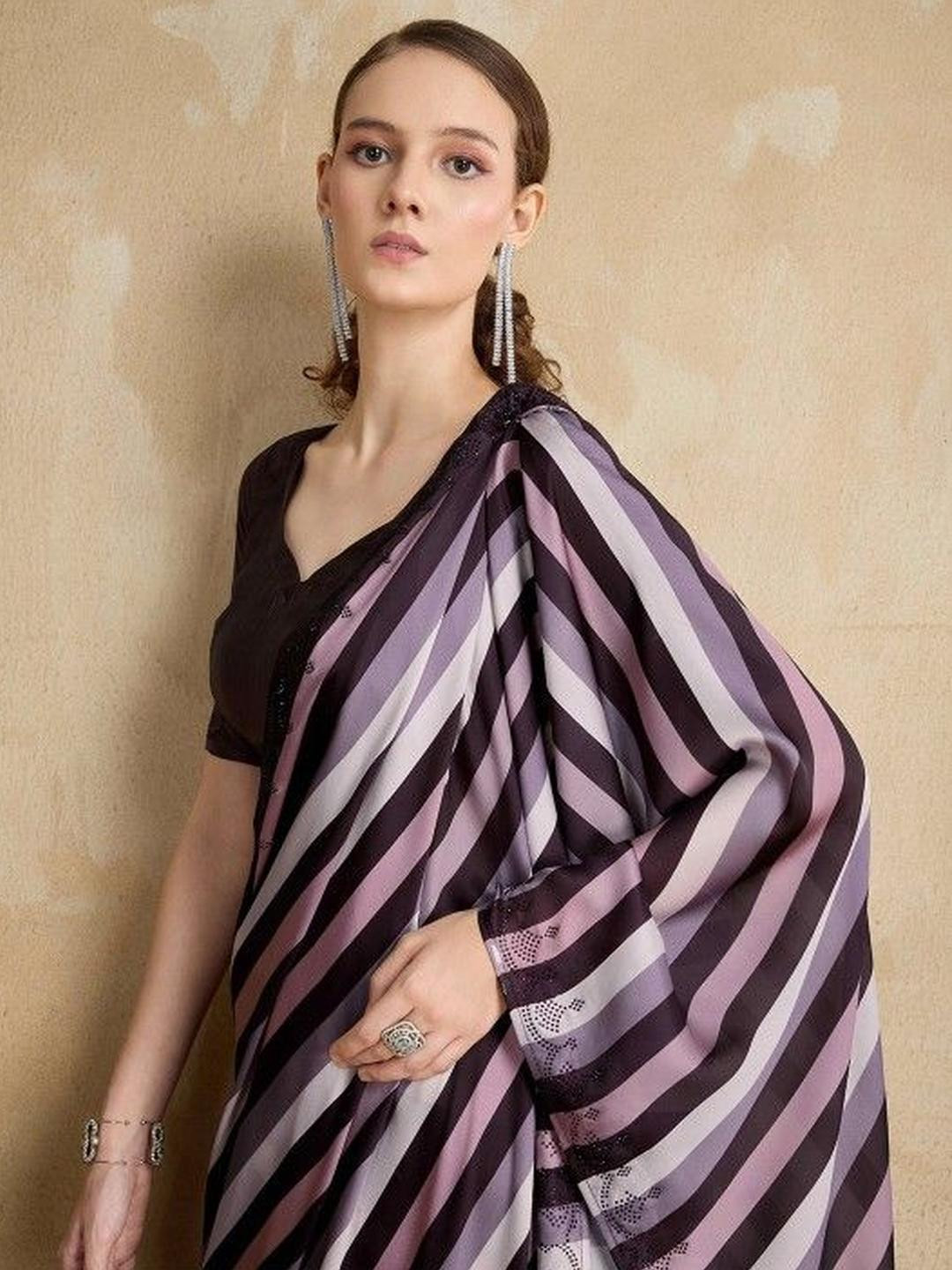 KARAGIRI Striped Satin Saree With Diamond Embellishment