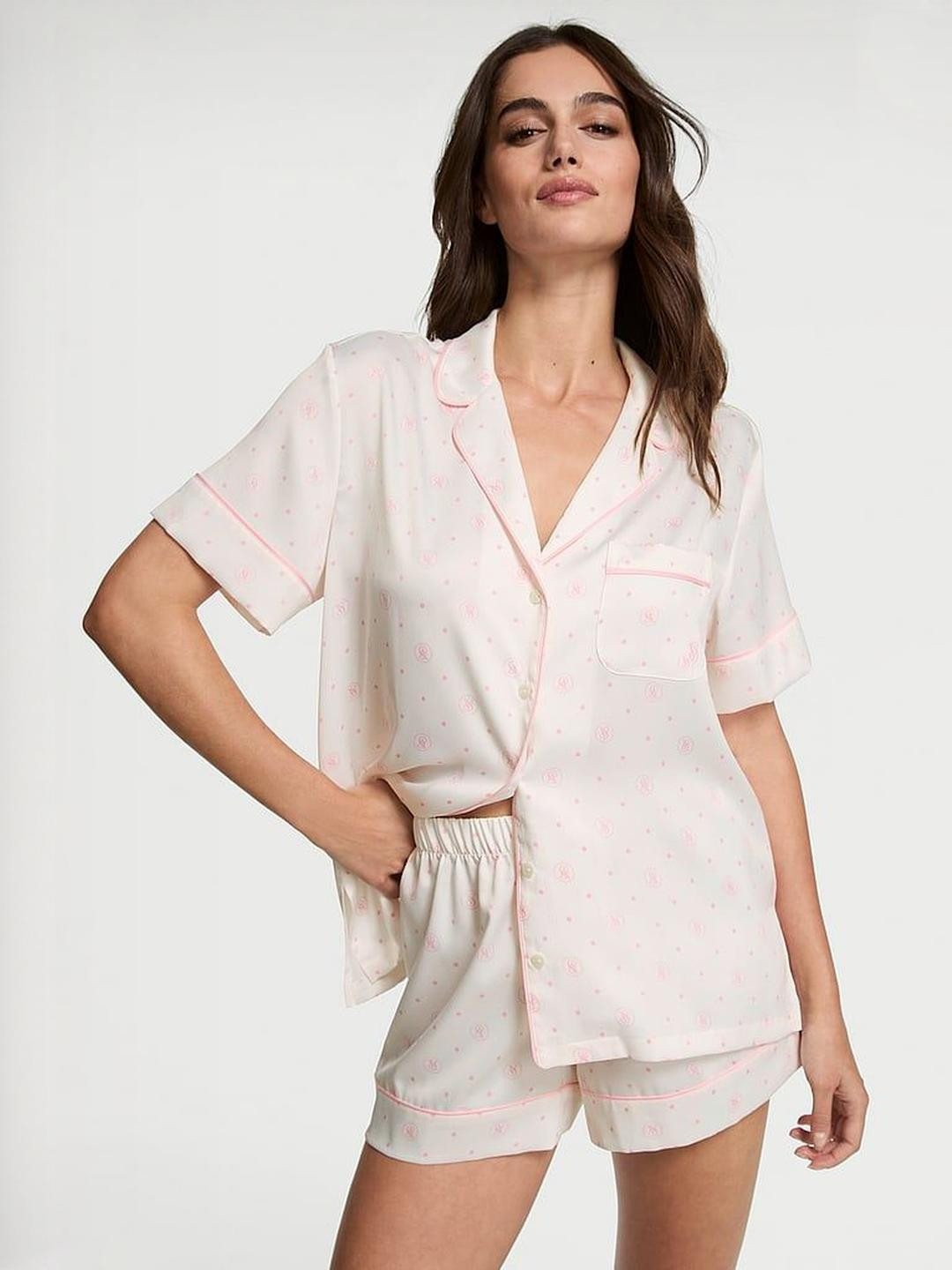 Victoria's Secret Polka Dot Printed Lapel Collar Shirt With Shorts Night suit