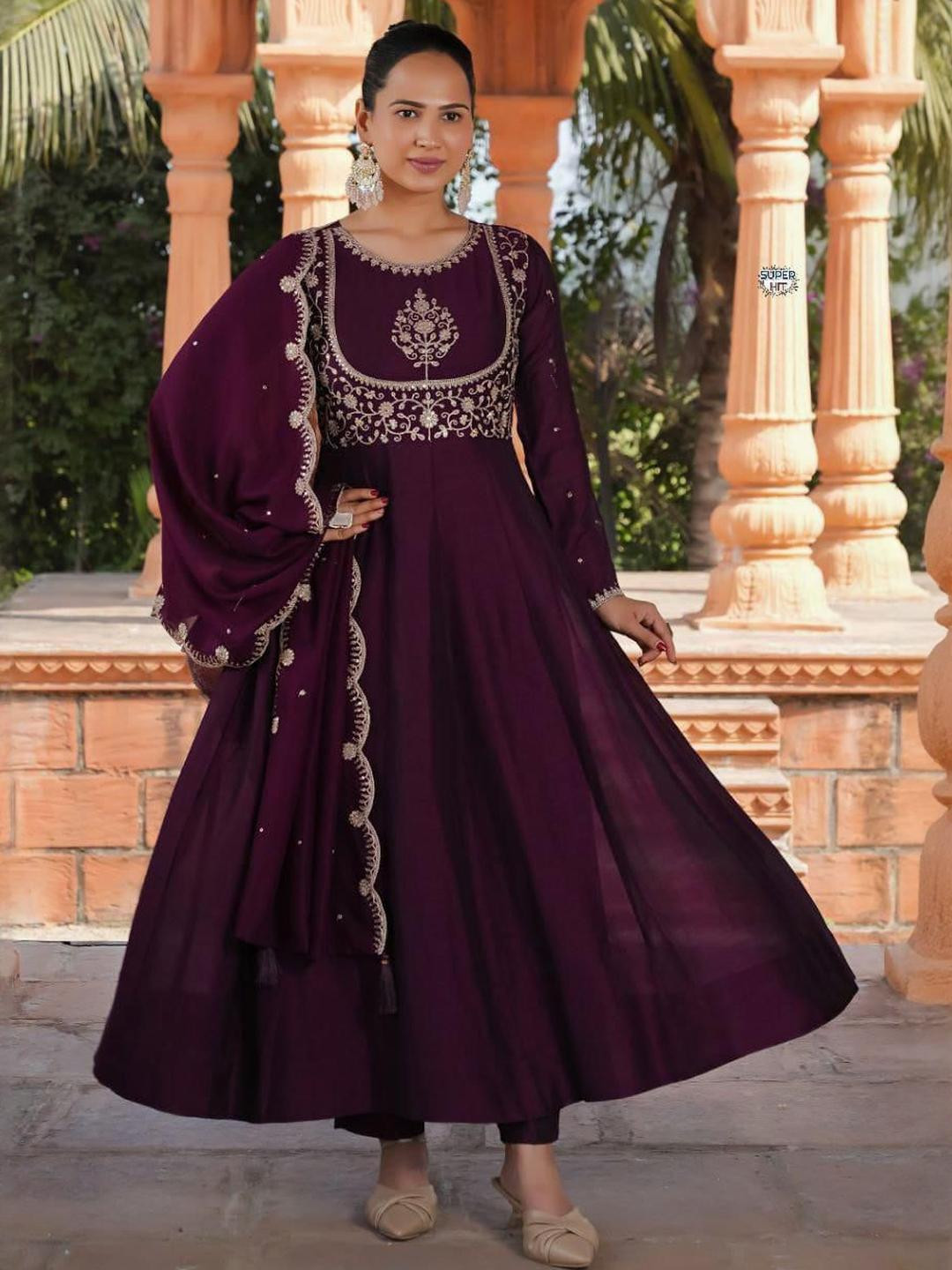 RUNAYA NX Floral Embroidered Beads & Stones Raw Silk Kurta With Trousers And Dupatta