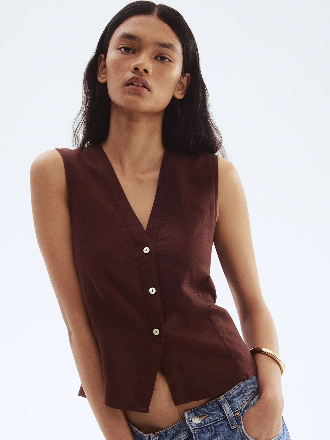 H&M Sleeveless Linen-Blend Blouse