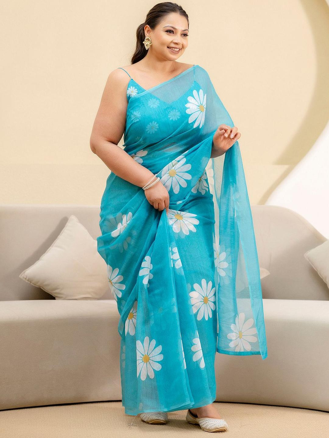 Mitera Floral Printed Ready to Wear Plus Size Saree with Blouse Piece