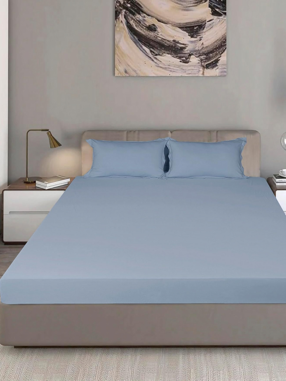 Bodycomfy Turquoise Blue King Fitted Cotton 400 TC King Bedsheet Set 1.98 m x 1.82 m