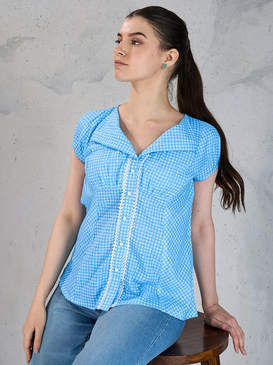 HOUSE OF MIRA Gingham Checks Checked Spread Collar Linen Shirt