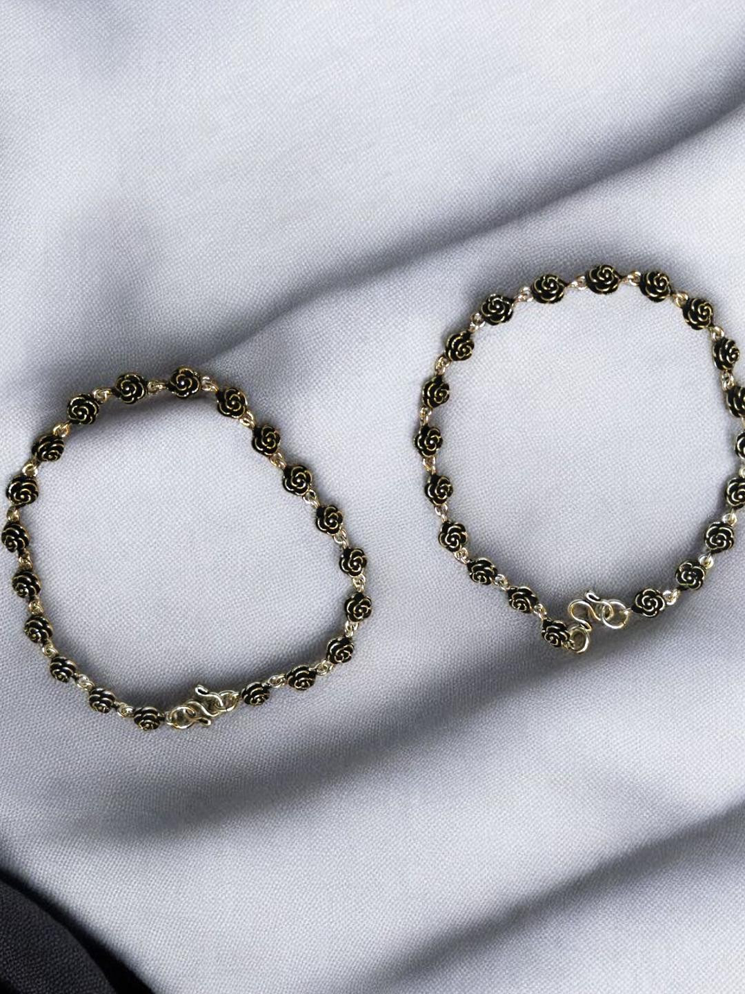 SilverAura Set of 2 Beaded Oxidised Pure Sterling Silver Anklets