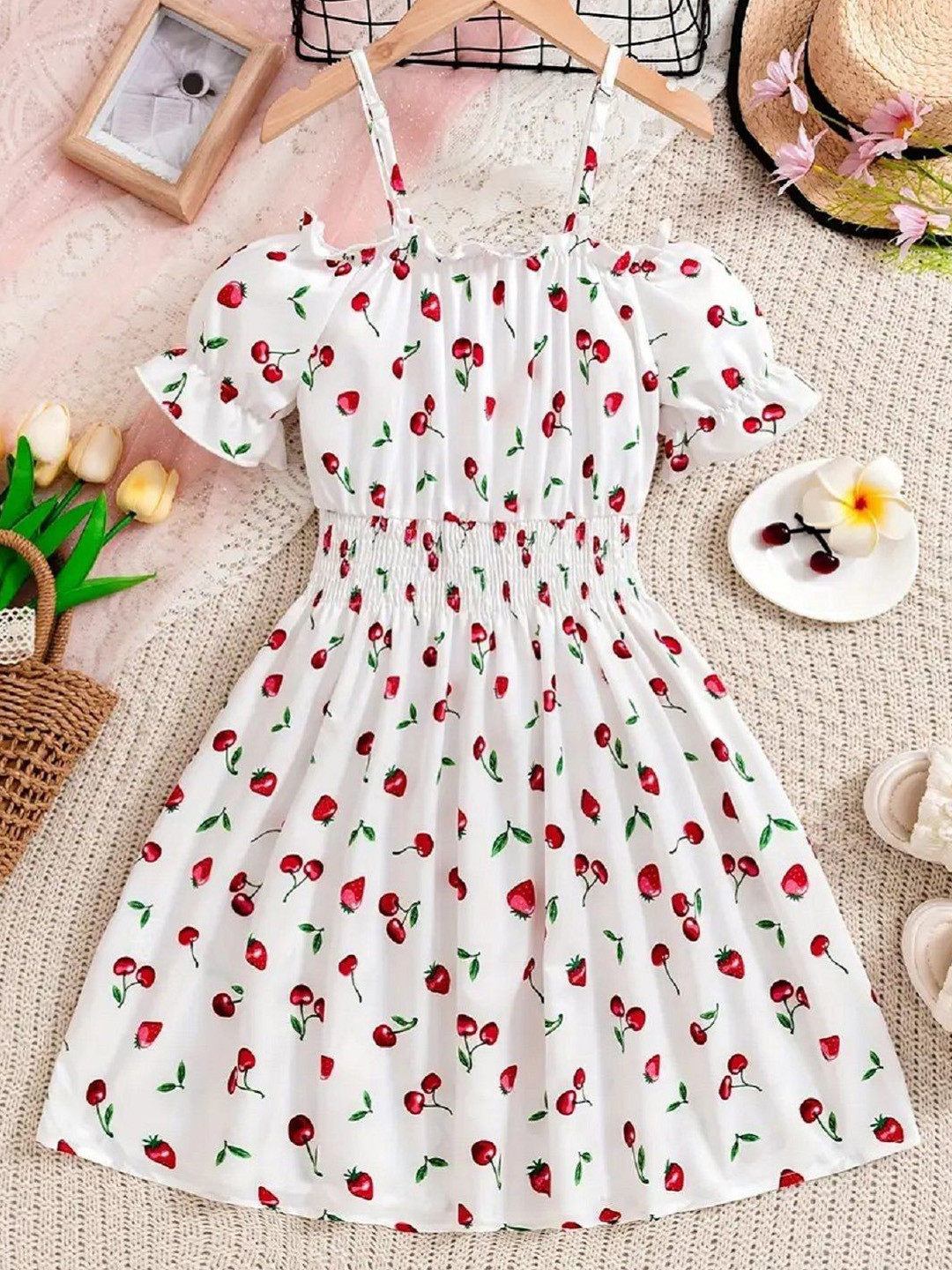 YK Girs Conversational Printed Cold Shoulder Sleeves Smocked Fit & Flare Dress