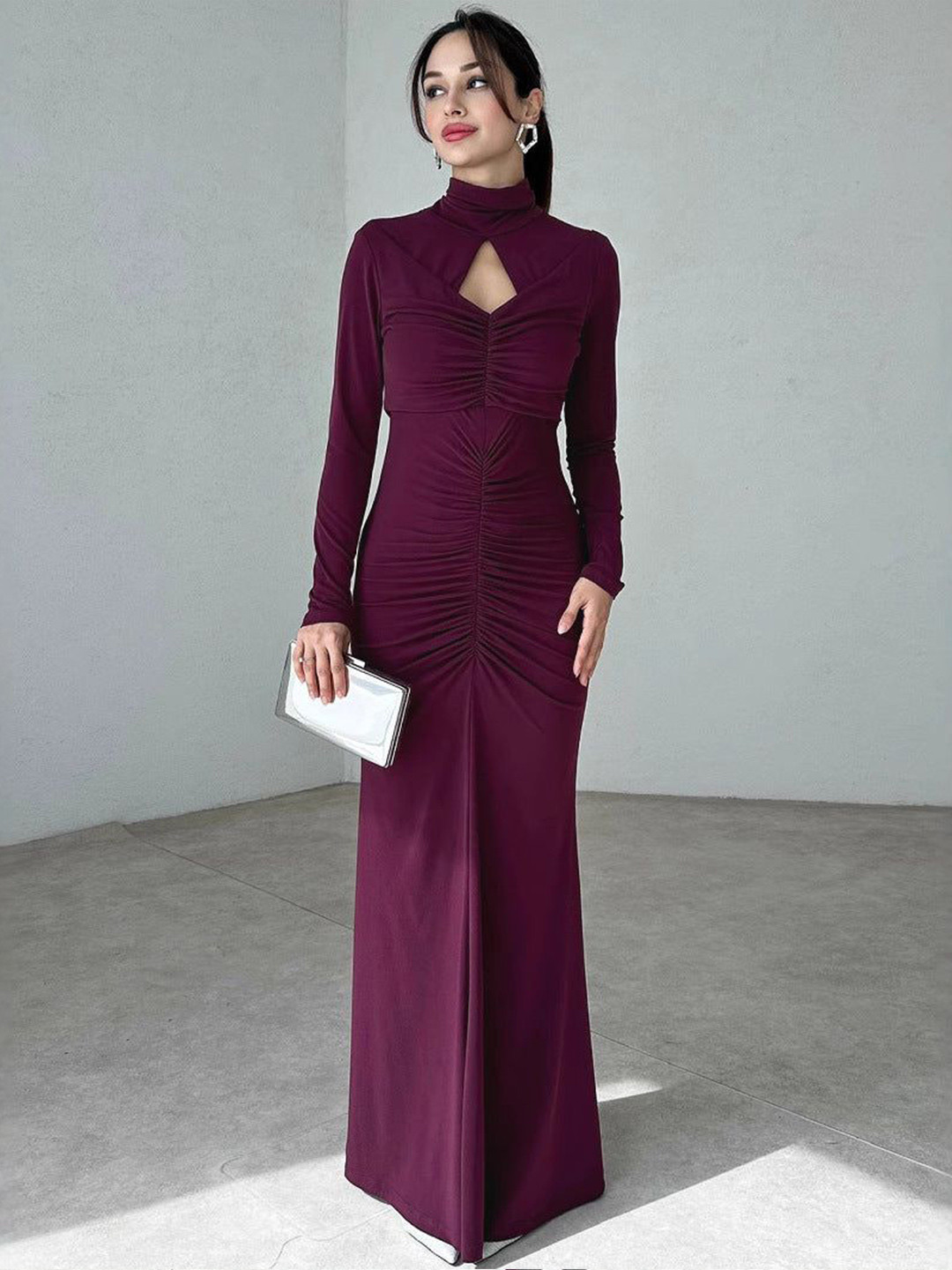 Outzidr Halter Neck Ruched Maxi Dress With Cut-Outs