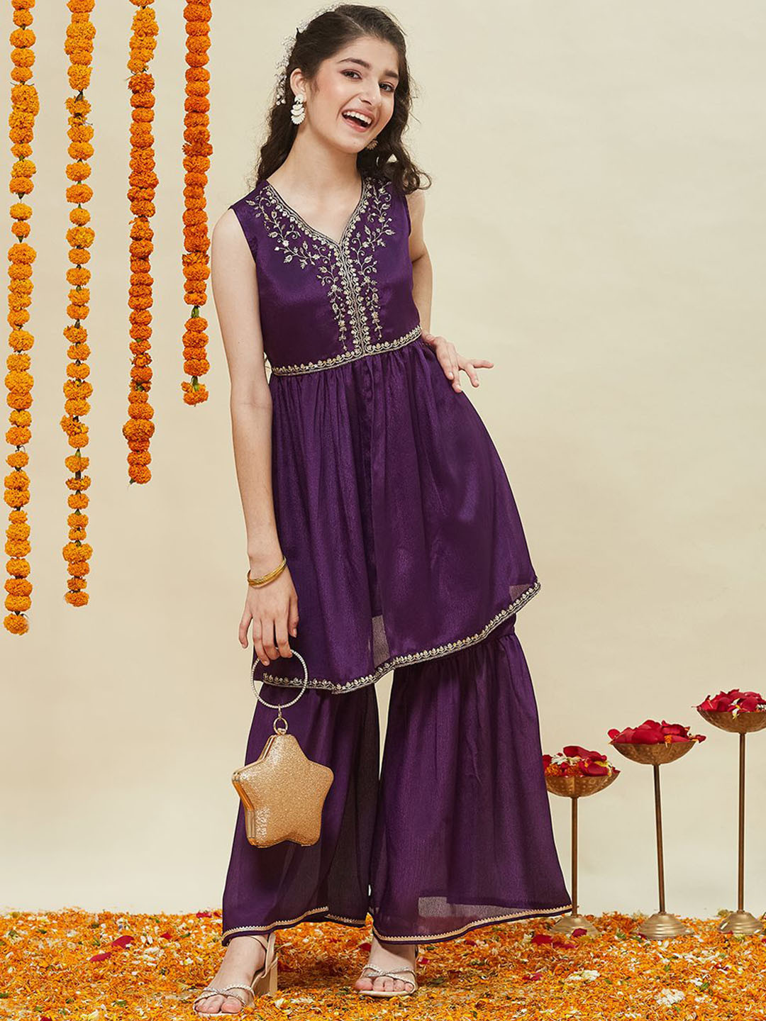 CurlyTales Girls Embroidered Kurta and Sharara Set