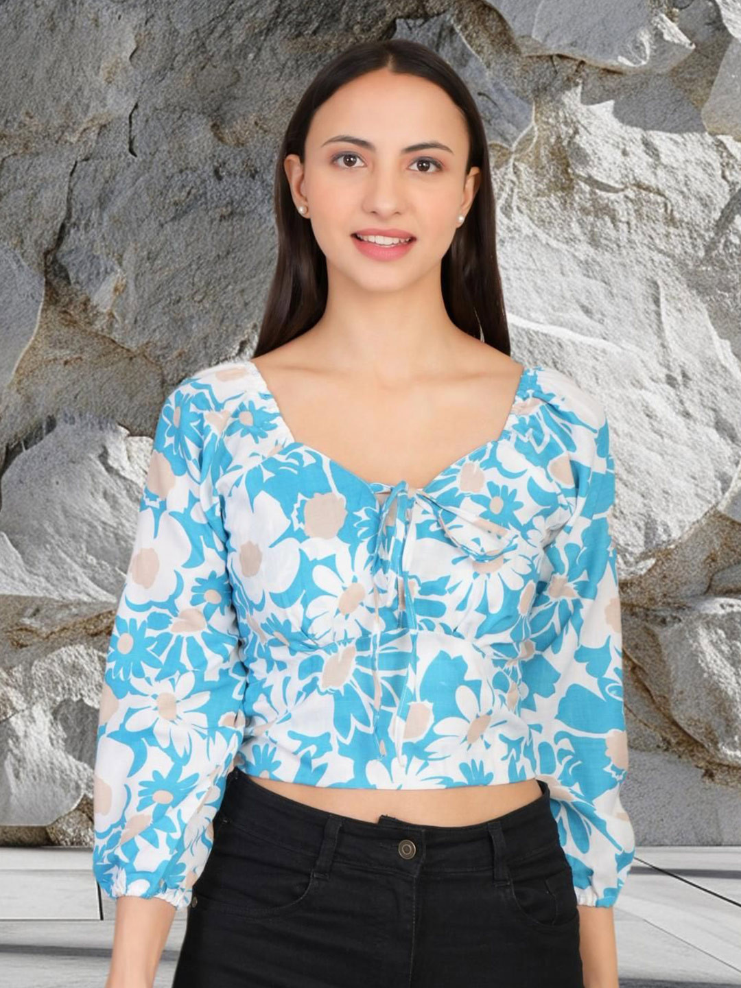 69 FASHION STREET Women Floral Printed Tie-Up Neck Puff Sleeve Smocked Crop Top