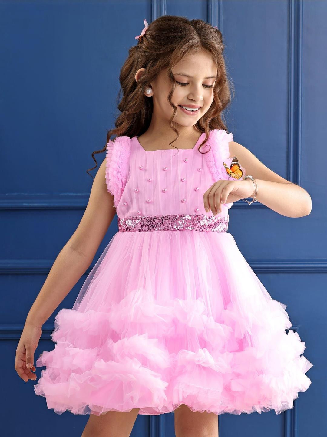 Mark & Mia Girls Self Design Square Neck Solid Blouson Dress