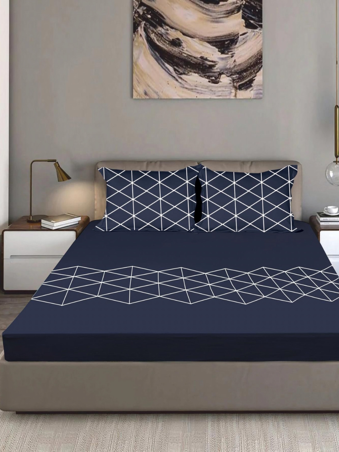 Bodycomfy Navy Blue & White King Fitted Cotton 400 TC King Bedsheet Set 1.98 m x 1.82 m