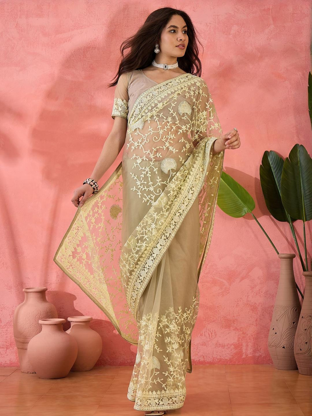 HERE&NOW Floral Embroidered Beads And Stones Ceroski Daimond Work Net Saree