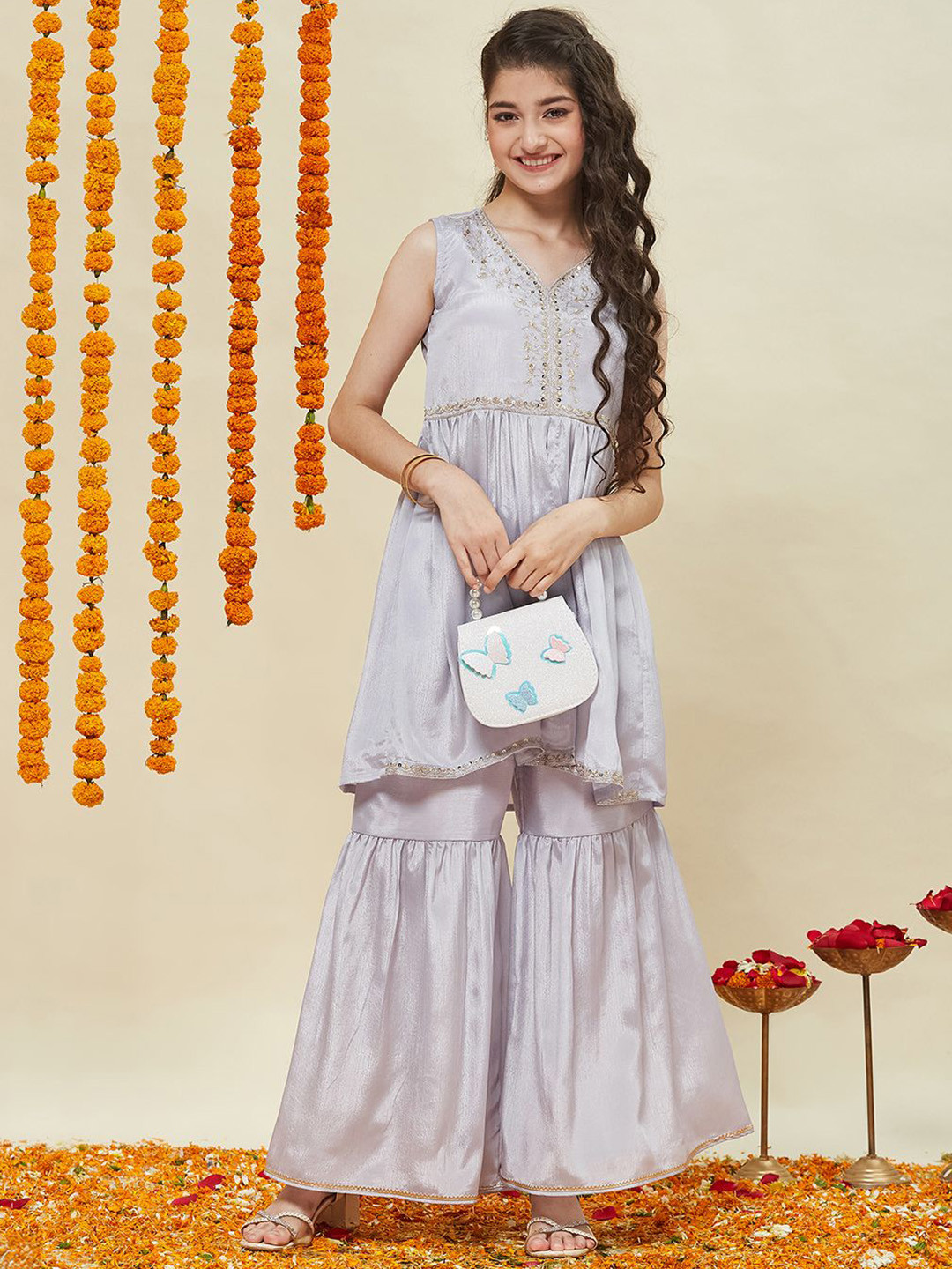 CurlyTales Girls Embroidered Kurta and Sharara Set