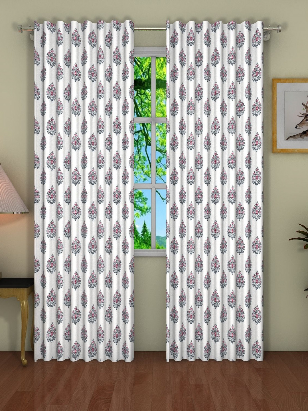 Pink Parrot White & Red Set of 2 Ethnic Motifs Door Curtain