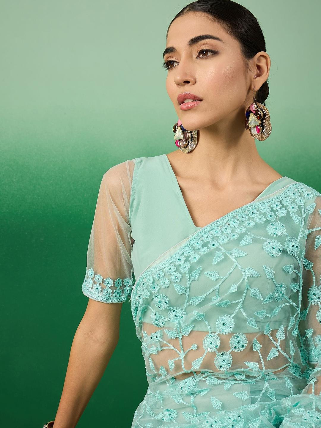Maroosh Floral Embroidered Beads & Stones Net Saree