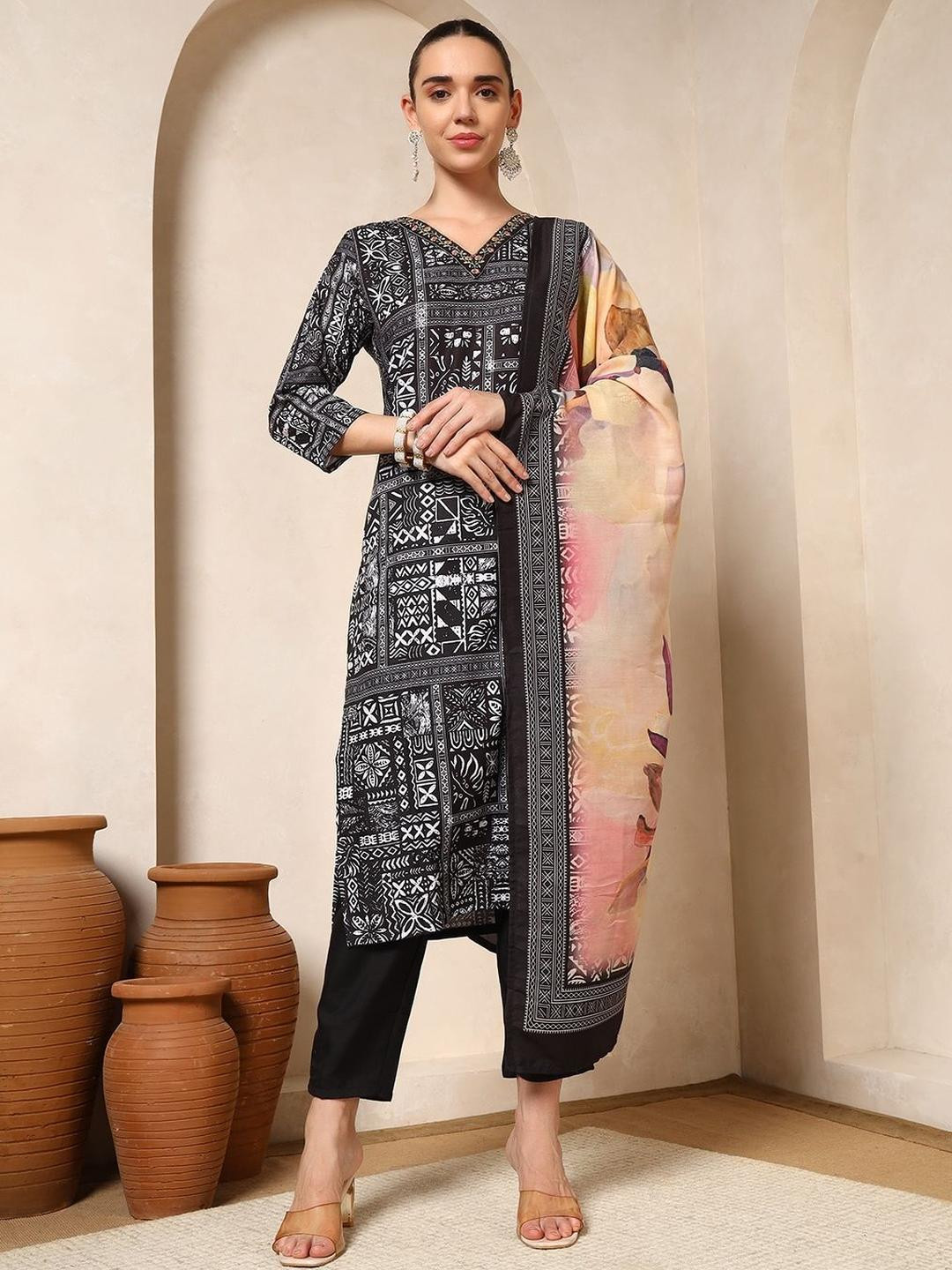 Nehamta Tribal Printed V-Neck Thread Work Muslin Straight Kurta With Trousers & Dupatta