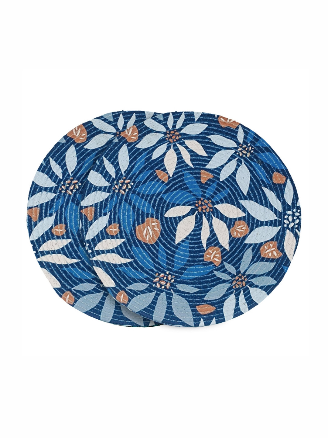 Yellow Weaves 2-Pcs Blue & Brown Floral Printed Heat Resistant Round Table Placemats