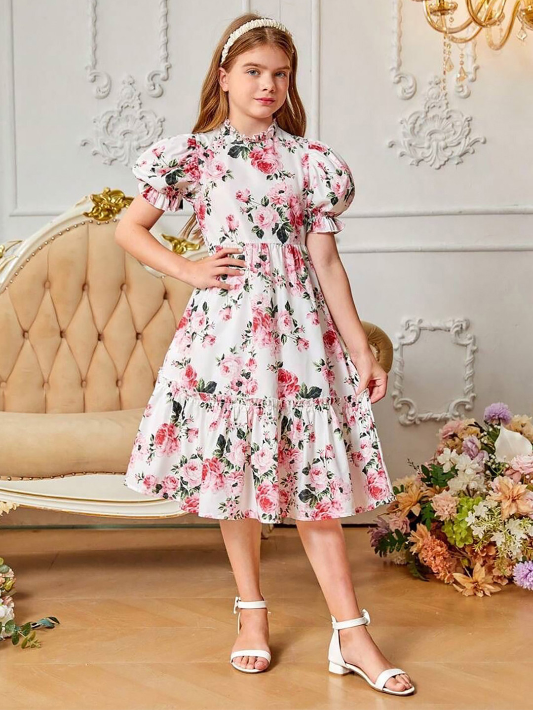 YK Girls Floral Printed Round Neck Puff Sleeev Fit & Flare Dress
