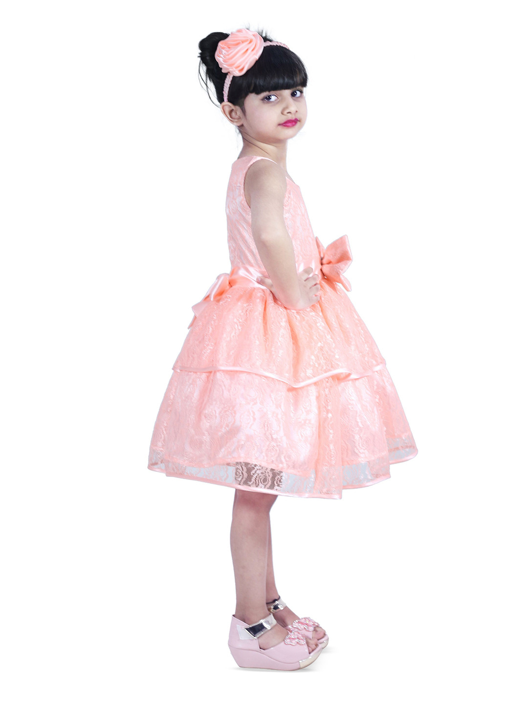 BAESD Girls Lace Self Design Sleeveless Bow Fit and Flare Dress