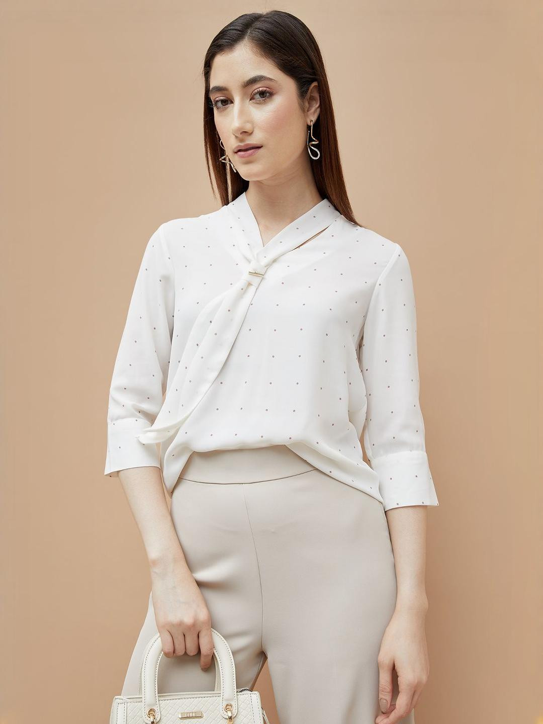 CODE by Lifestyle Women Polka Dot Printed Cuffed Sleeves Top