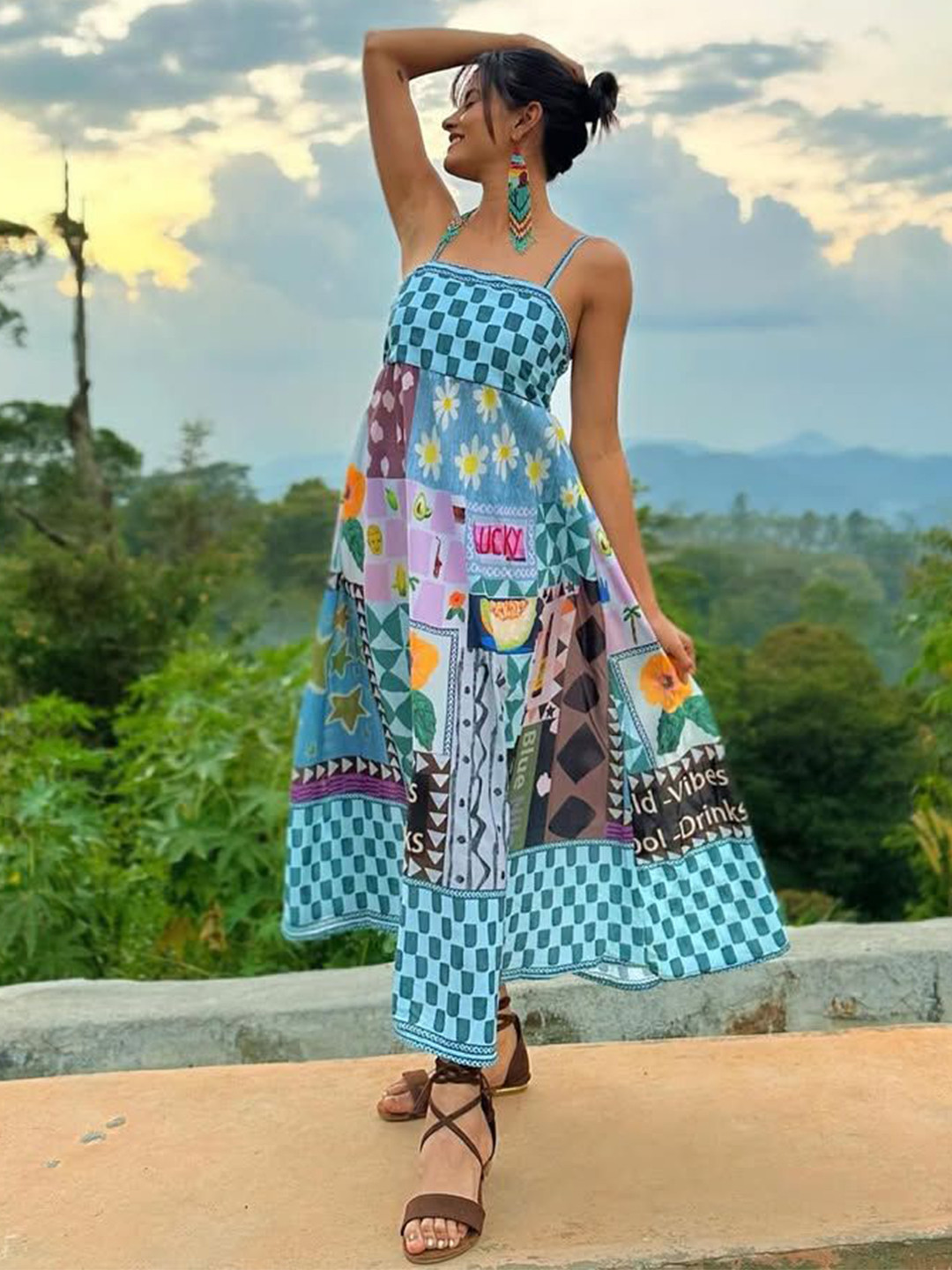 TRENBEE Elena Women Graphic Printed Shoulder Straps Fit and Flare Maxi Dress