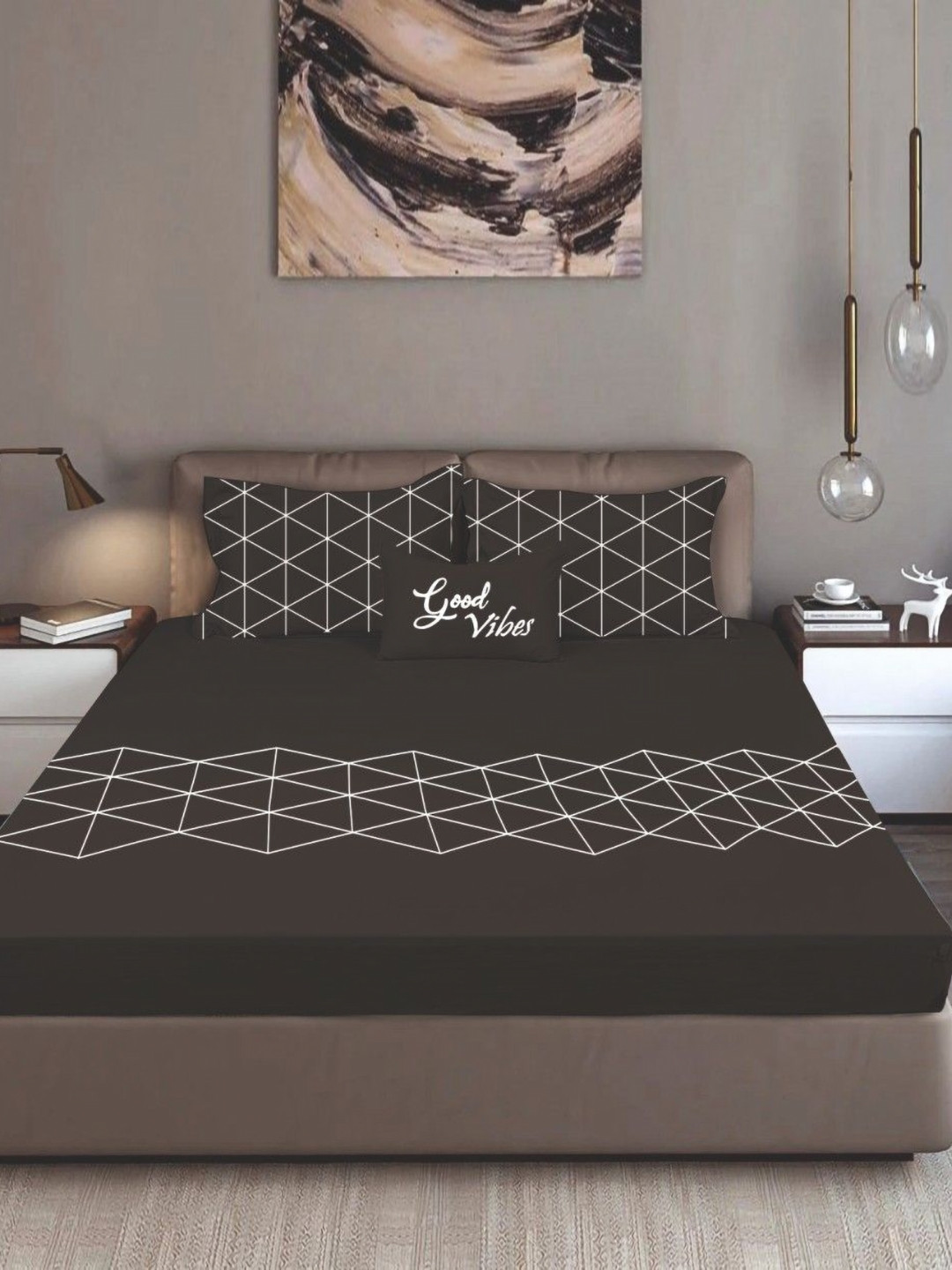 Bodycomfy Jersey White Geometric Pure Cotton 400 TC Fitted King Bedsheet Set 1.98m x 1.82m