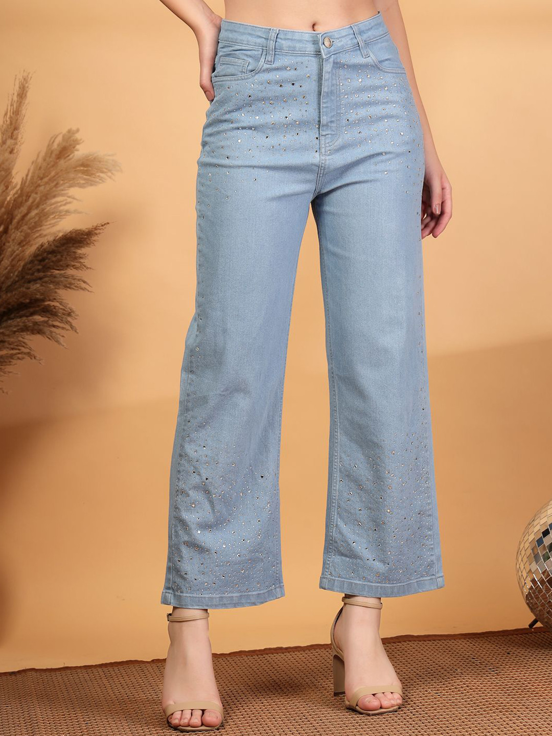 COSMIC TRIO Women Wide Leg High-Rise Embellished Stretchable Jeans