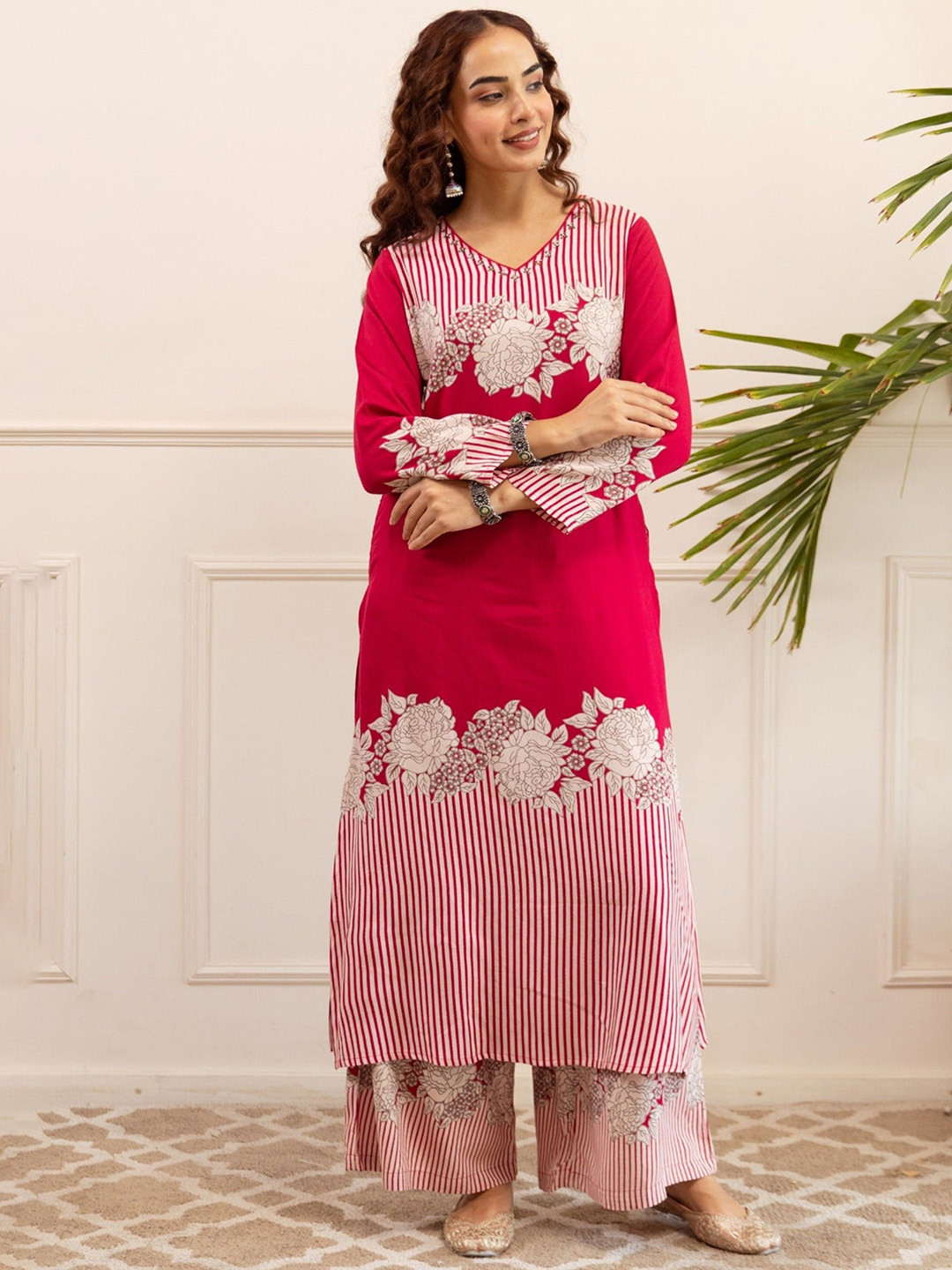 AUTUMN LANE Kabool Floral Printed V-Neck Straight Kurta With Palazzo