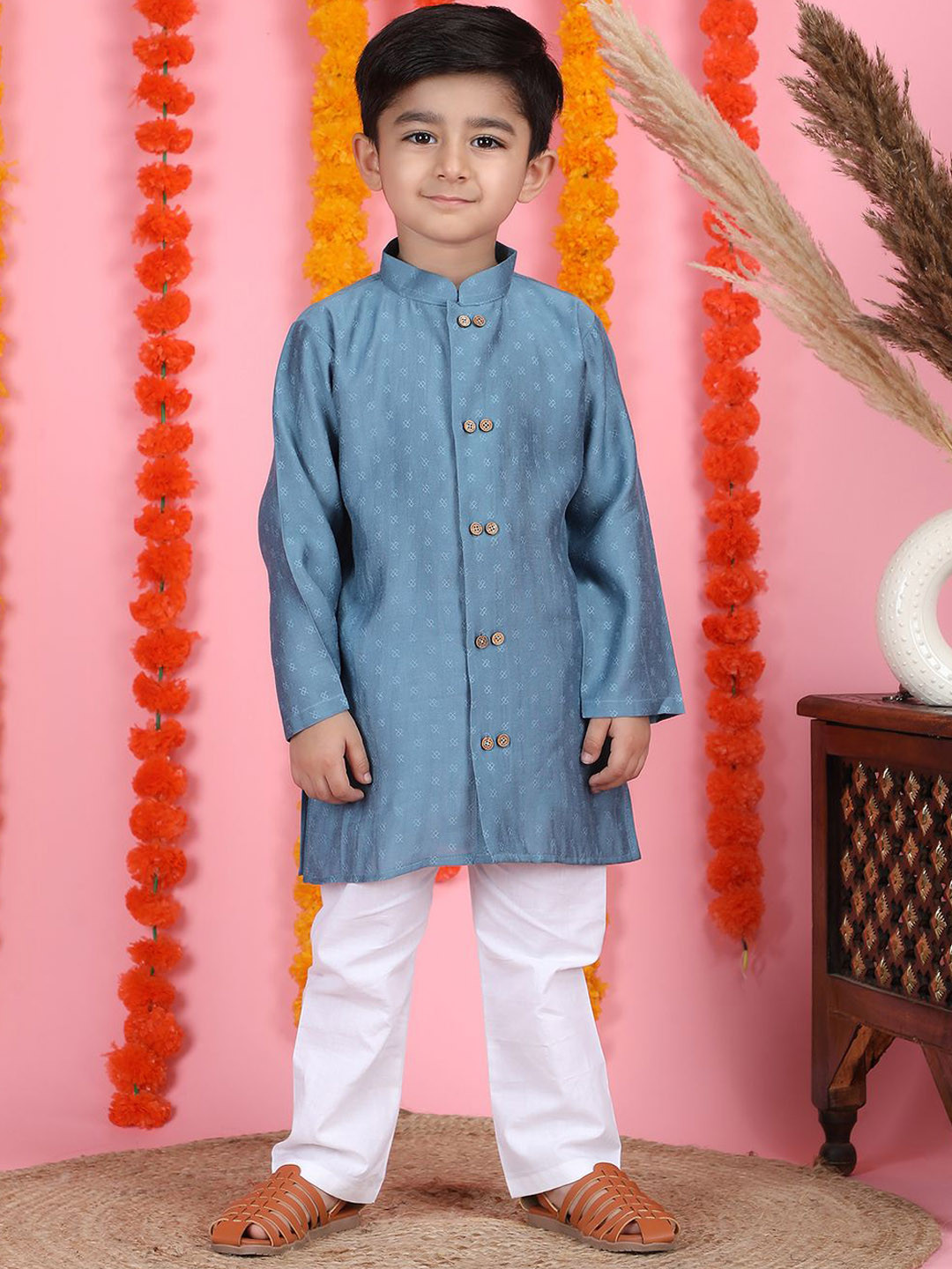 Polka Tots Boys Cotton Woven Full Sleeve Texture Ethnic Kurta Pyjama Set